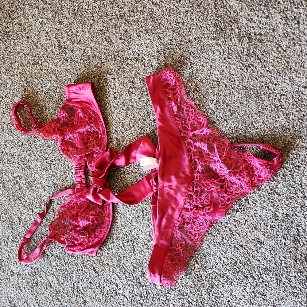 Victoria's Secret red satin and lace bra and thong set